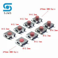 Micro Toque Interruptores de Botão, Interruptor Tact Vermelho, Interruptor SMD, 4 Pin, 5 Pin Pés, 6x6x2.5, 3.1mm, 3.7mm, 4.3mm, 20 Pcs, 100pcs por lote