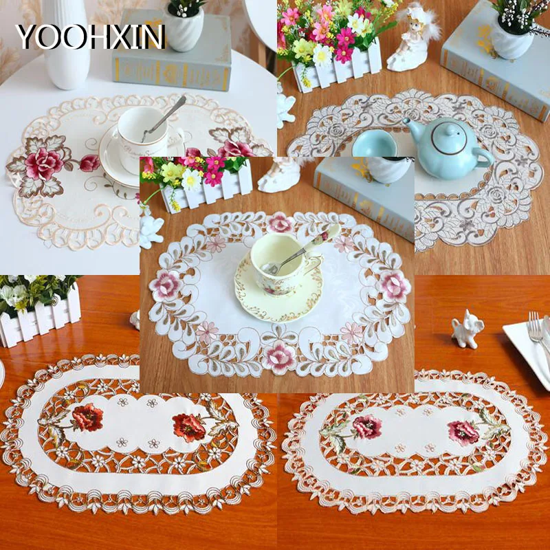 Table decoration and accessories Oval rose flower embroidery table place mat cloth coaster Christmas wedding placemat kitchen