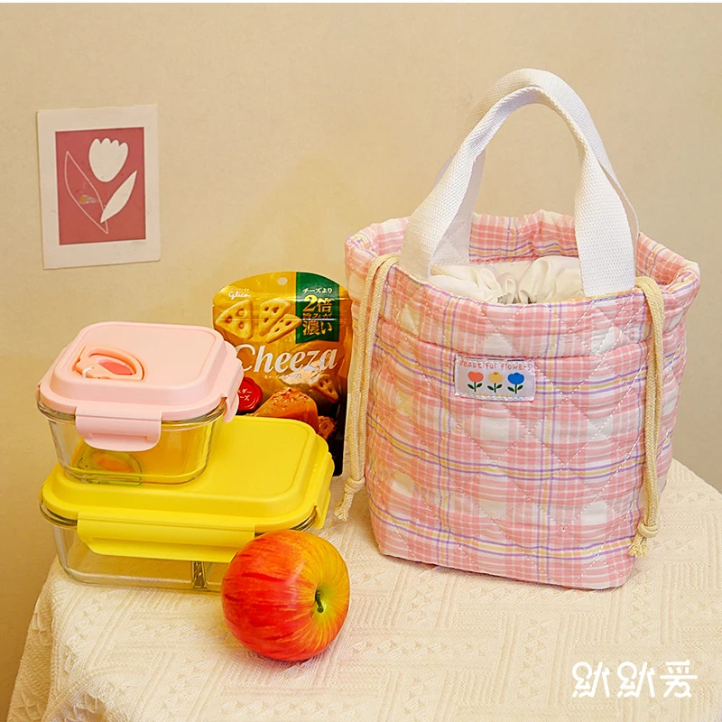 Plaid Lunch Bag Women Thermal Big Capacity Drawstring Lunch Box Tote Food Bags Office Worker Portable Insulated Food Storage Bag