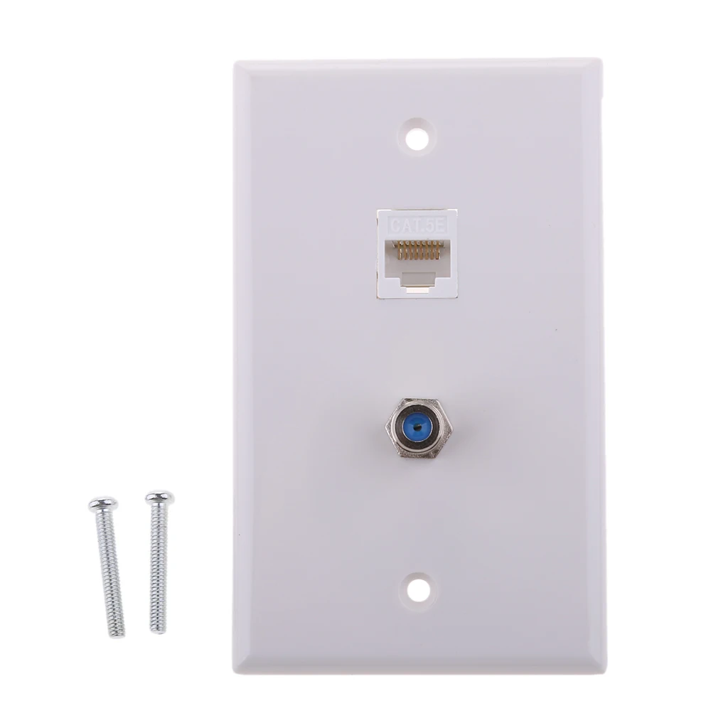 Ethernet Coax Wall Plate - Cat7 Coax Wall Plate with 1 Ethernet Port + 1 TV Coax Cable F-Type Connector - White