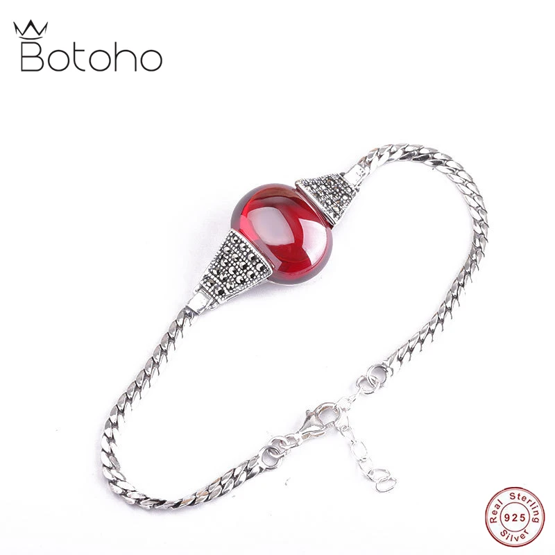 

BOTOHO So Beautiful Garnet Red Gemstones Bracelets for Women Vintage Shinning Marcasite Bracelets 925 Silver Thai Silver Jewel