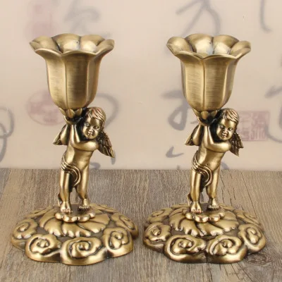 2Pcs/set Single Bronze/Tin Color Metal Candle Stand Metal Table Home Decoration Candle Stick  Candlesticks For Church Decoration image 2