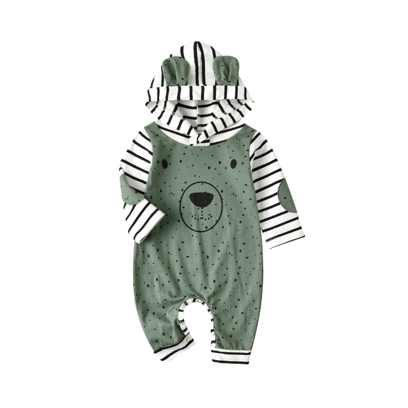 2021-06-25 Lioraitiin 0-24M Baby Boy Girl Cartoon Rompers Dots Stripe Hooded Long Sleeves Jumpsuits with Buttons Green