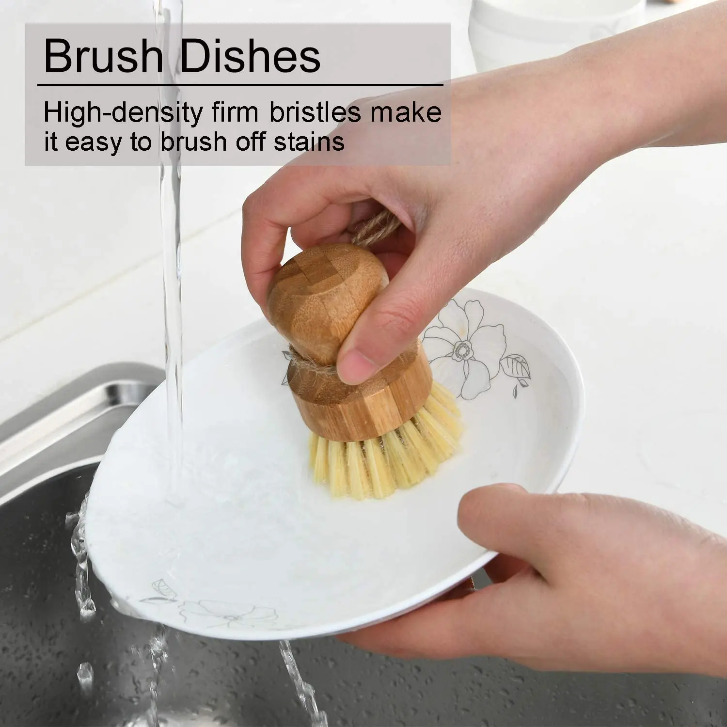 Bamboo Dish Scrub Brushes, Kitchen Wooden Cleaning Scrubbers for Washing Cast Iron Pan/Pot, Natural Sisal Bristles