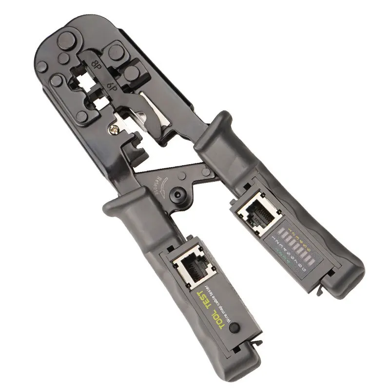 Alicates de prensado de cables, probador de tres usos, herramienta de prensado de Cable de red de trinquete RJ45 8P6P4P, alicates de Cable de red de agujero pasante