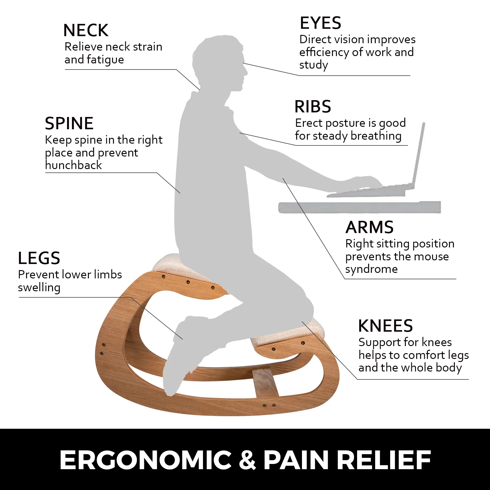 VEVOR ergonomická klečí židle stolice W/ hustý polštářek domácí úřad židle improving tělo postoj houpací dřevo koleno počítač židle