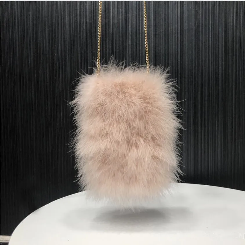 Womens Luxury Real Ostrich Feather Bag Purse Coin Bag Evening Fluffy White Crossbody Bag