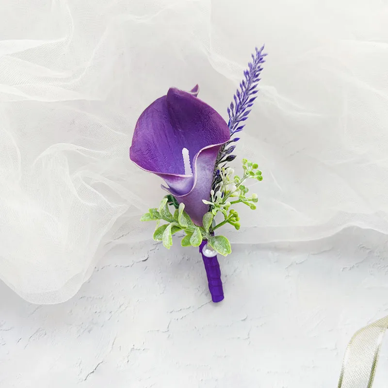 Boutonniere for Groom Corsage Wedding Calla lily Artificial Men Brooch Flowers Suits Decoration Pins Prom Marriage Accessories