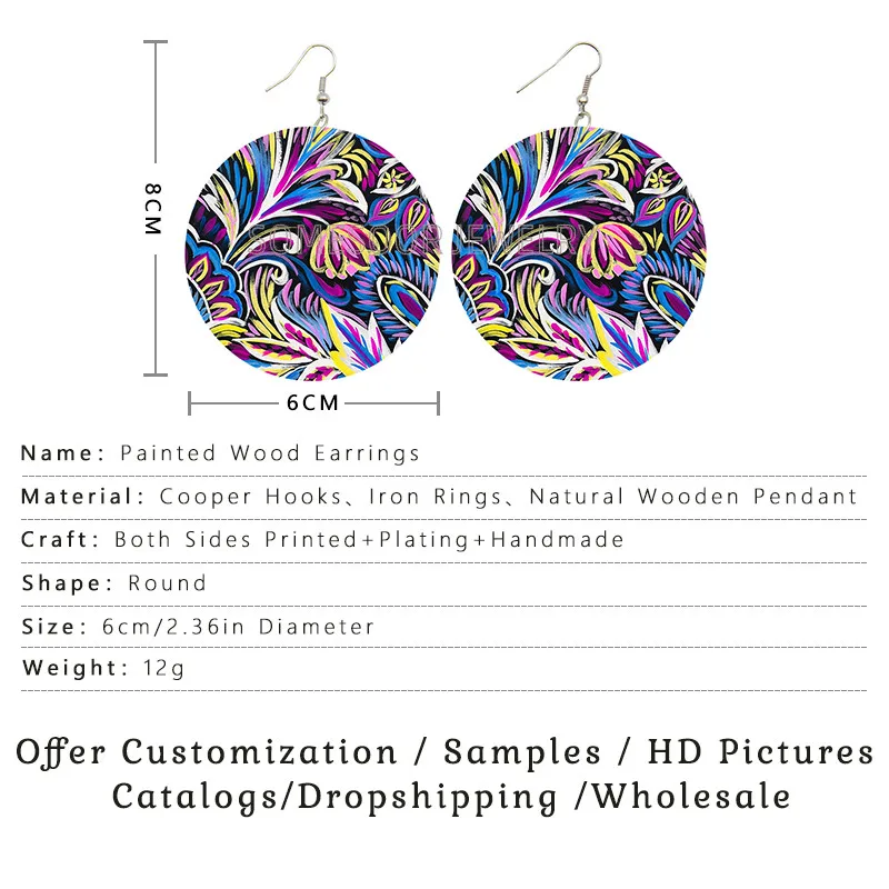 SOMESOOR Afro Fabric Design Wooden Drop Earrings African Ethnic Bohemian Pattern Printed Loops Dangle Jewelry For Women Gifts