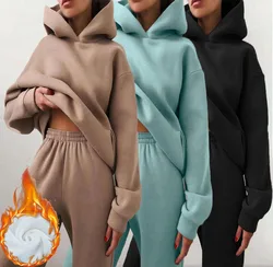 Moletom com capuz grande e calças compridas de duas peças para mulheres, agasalho quente, moletom casual, moletom monocromático, pulôveres, terno fashion, inverno