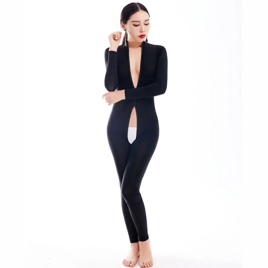 Băng Thun LụA Tay Dài Dây Kéo Đôi Mở Đáy Quần Bodysuit Thun Bodystocking Sexy Quyến Rũ Gợi Tình Đầm Bodycon Jumpsuit