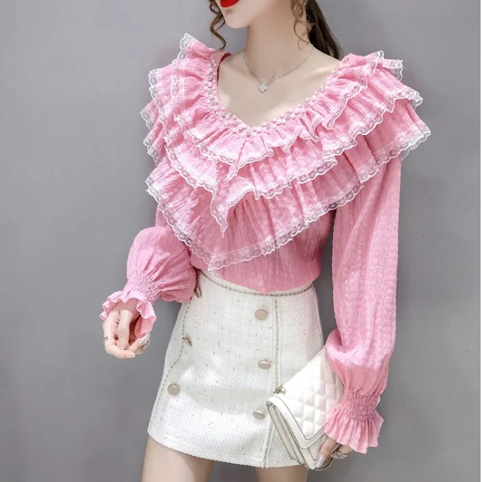 

Women Peplum Blouse Retro Ladies Top Designer Romantic New Lace Long Sleeve Ruffles Floral Sweet Pearl Beading Female Shirt