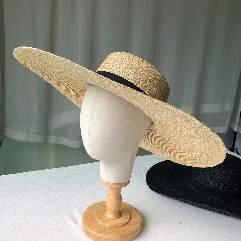 New Wide Brim Boater Hat 15cm Wide Brim Straw Hat Flat Women Summer Kentucky Derby Hat White Black Ribbon Tie Sun Hat Beach Cap