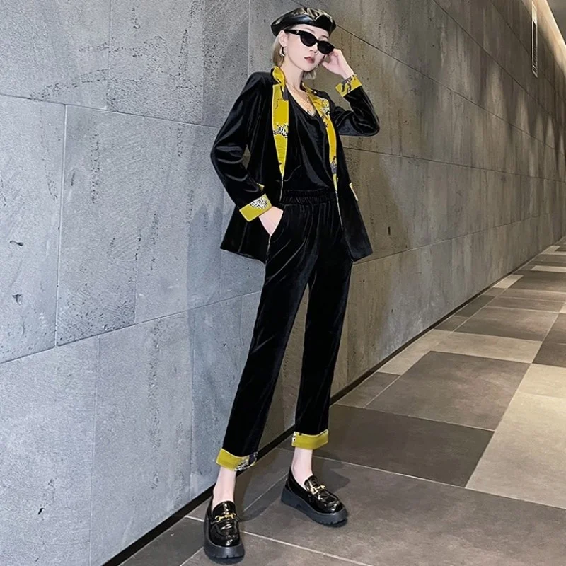 

Lady Office Set Black Velvet Animal Print Spliced Blazer Elastic Waist Straight Pants 2 Pieces Set Elegant Single Button Suit