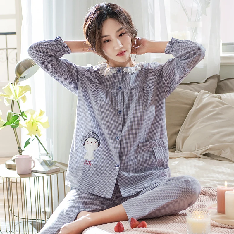 Woven Cotton Pajamas M-3XL Women Plaid Cartoon Pajamas for Women Spring Nightwear Pajama Set O-Neck Cardigan Pyjamas Loungewear