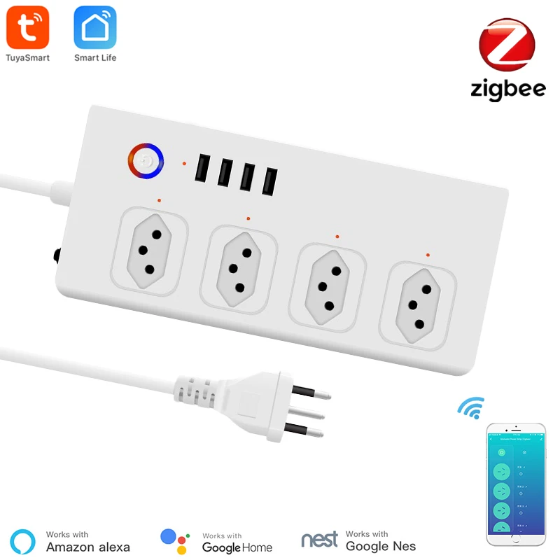 

Бразильский удлинитель Smart Zigbee, розетка Tuya Zigbee с 4 вилками и 4 портами USB, индивидуальное управление, работает с Alexa Google Home