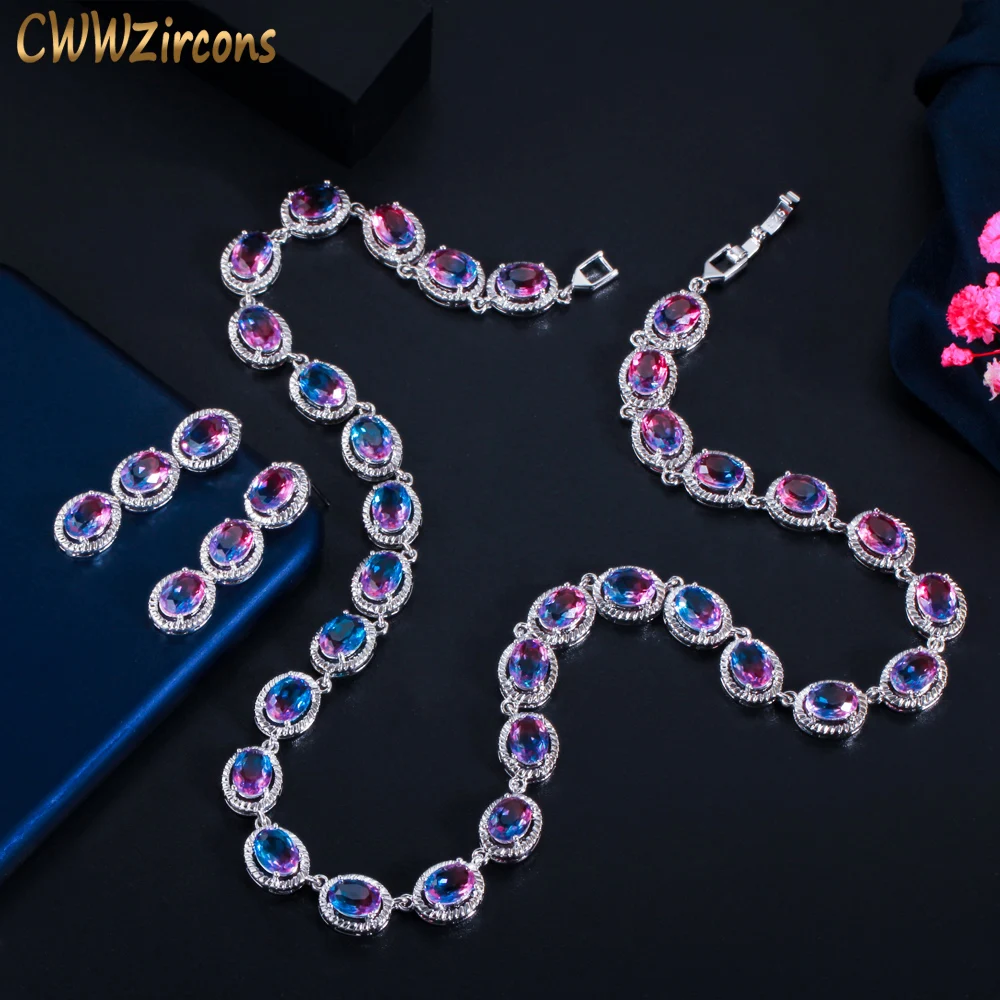 CWWZircons Beautiful Rainbow CZ Mystical Stone Round Drop Women Party Necklace Earrings Fashion Bridal Wedding Jewelry Sets T520