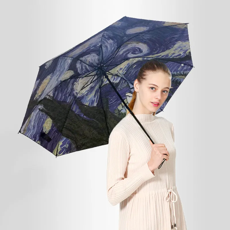 Painter Van Gogh\'s painting starry sky 3 D printing folding Umbrella rain girl  umbrella rain women  girls umbrellas