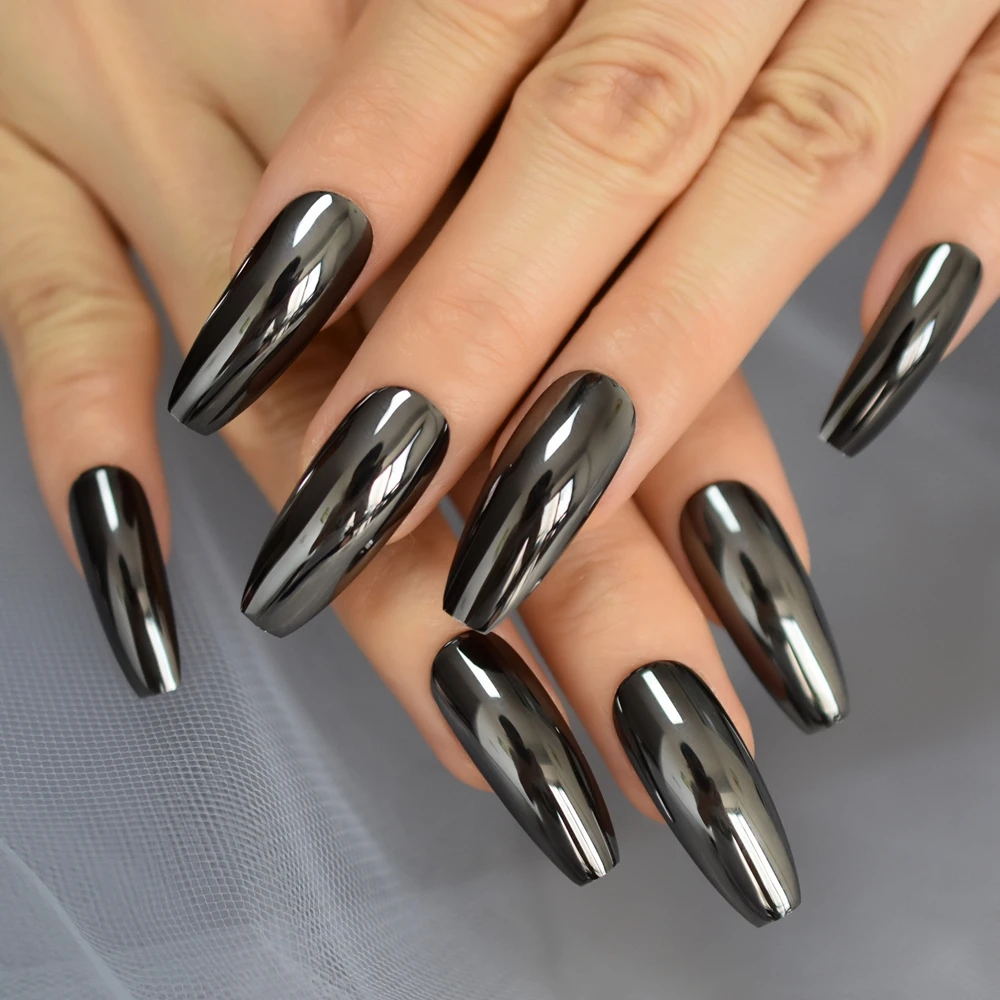 Gun Grey Coffin Fake Nails Extra Long Mirror Shine Acrylic False Nails Extremely Long Ladies Predesigned False Nail 24