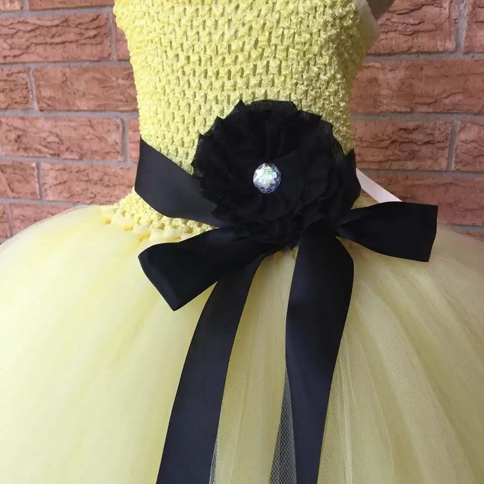 Yellow Girls Tutu Dress with Black Ribbons Princess Kids Girl Birthday Party Dress Child Tulle Flower Girl Dress Ball Gowns