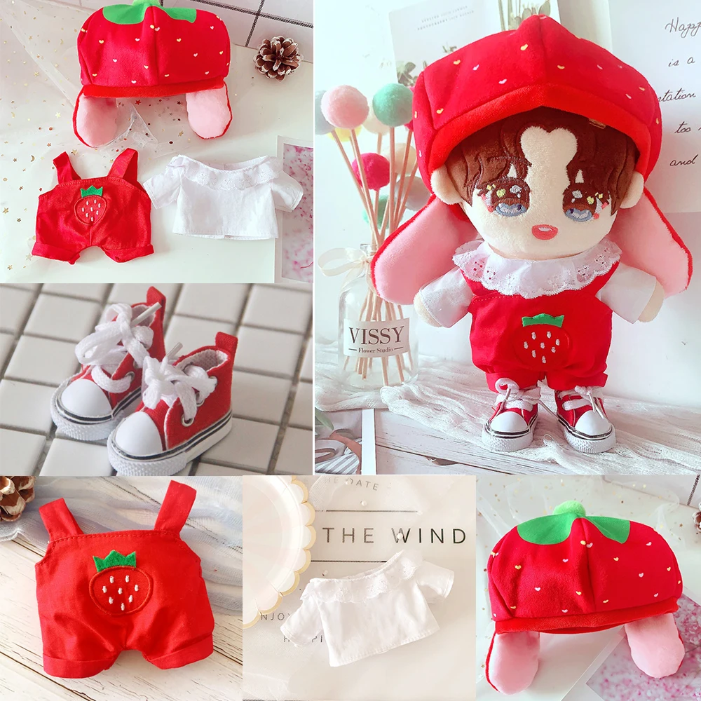 20cm Baby Doll Outfit Plush Doll's Clothes Red Strawberry Overalls Stuffed Toy Dolls Accessories for Korea Kpop EXO Fans Gift