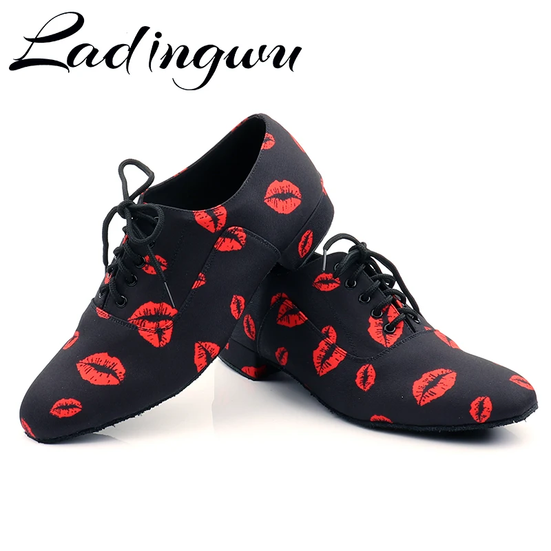 Ladingwu Sneakers Latin Dance Shoes Men Dance Shoes Black Heel 2.5cm 4.5cm Female Red lip Satin Ballroom Dance Shoes Men