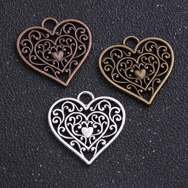 4PCS 28*29mm Three Color Vintage Metal Zinc Alloy Hollow love Heart Charms Fit Jewelry Pendant Charms Makings