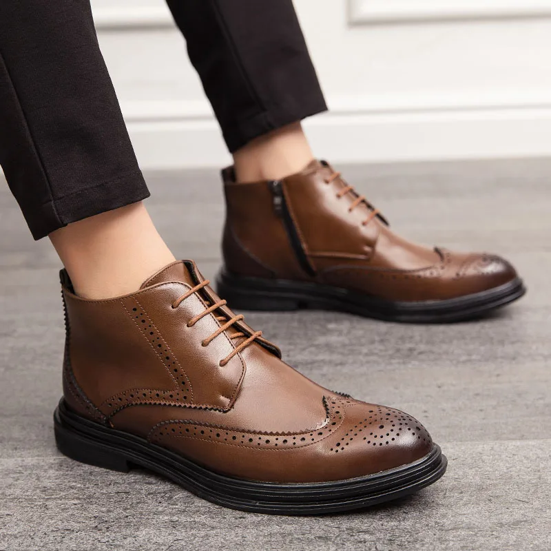 

Nice Chelsea Boots Men brogue Comfortable Dress Boots Men lace up zips Men's leather Shoes Zapatos Hombre Casual