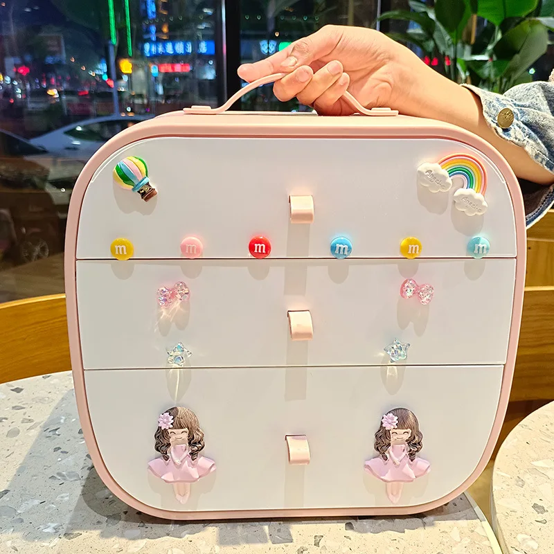 Portable Jewelry Box for Kids Gril Storage Box Cosmetic Organizer Drawers Large Capacity Medicine Underwear Sundries Makeup Case