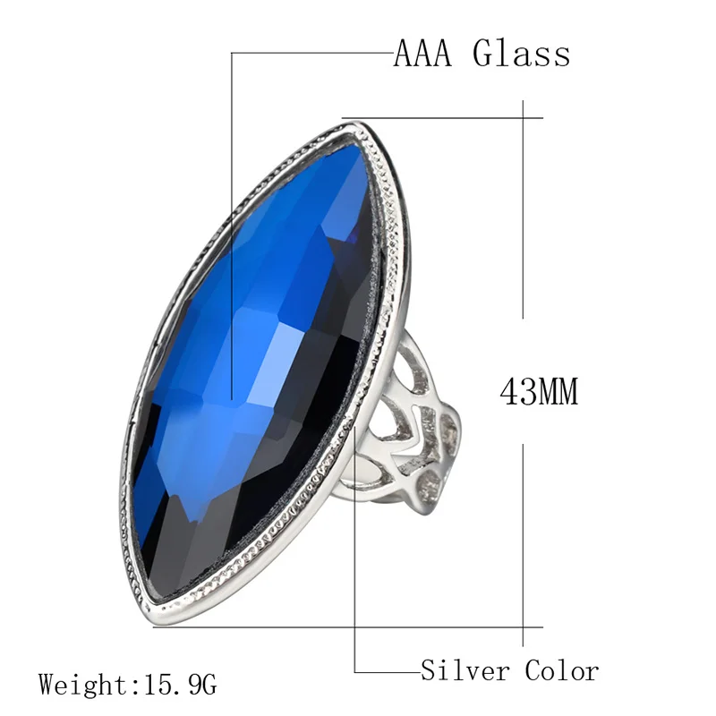 Kinel New Arrivals Luxury Blue Glass Crystal Rings For Women Silver Color Vintage Wedding Ring Christmas Gift Punk Jewelry