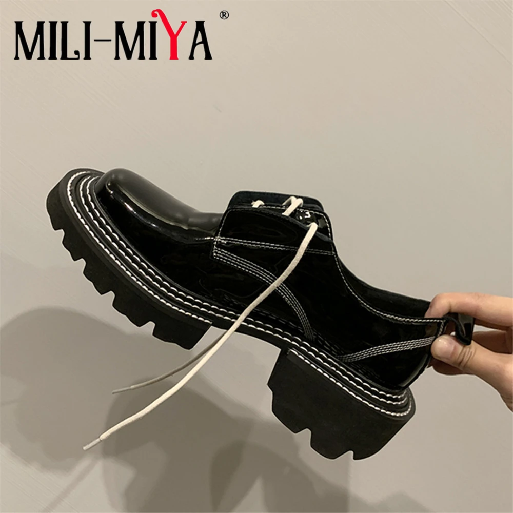 MILI-MIYA New Arrival Thick Heels Women Cow Patent Leather Pumps Lace Up Round Toe Fashion Street Casual Shoes Size 34-42