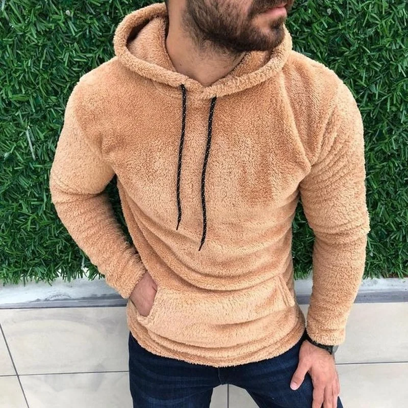 Men Hoodies Loose Double-sided Velvet Drawstring Hooded Long Sleeve Sweatshirts Jacket Men Fashion Solid Hoodie