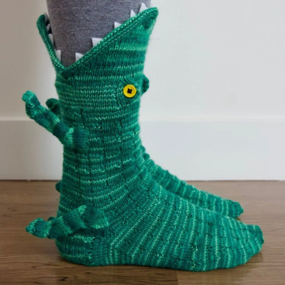 1 Pair of Cute Animal Woolen Knit Socks New Knitted Crocodile Socks, Shark, Crocodile, Chameleon Cartoon Socks