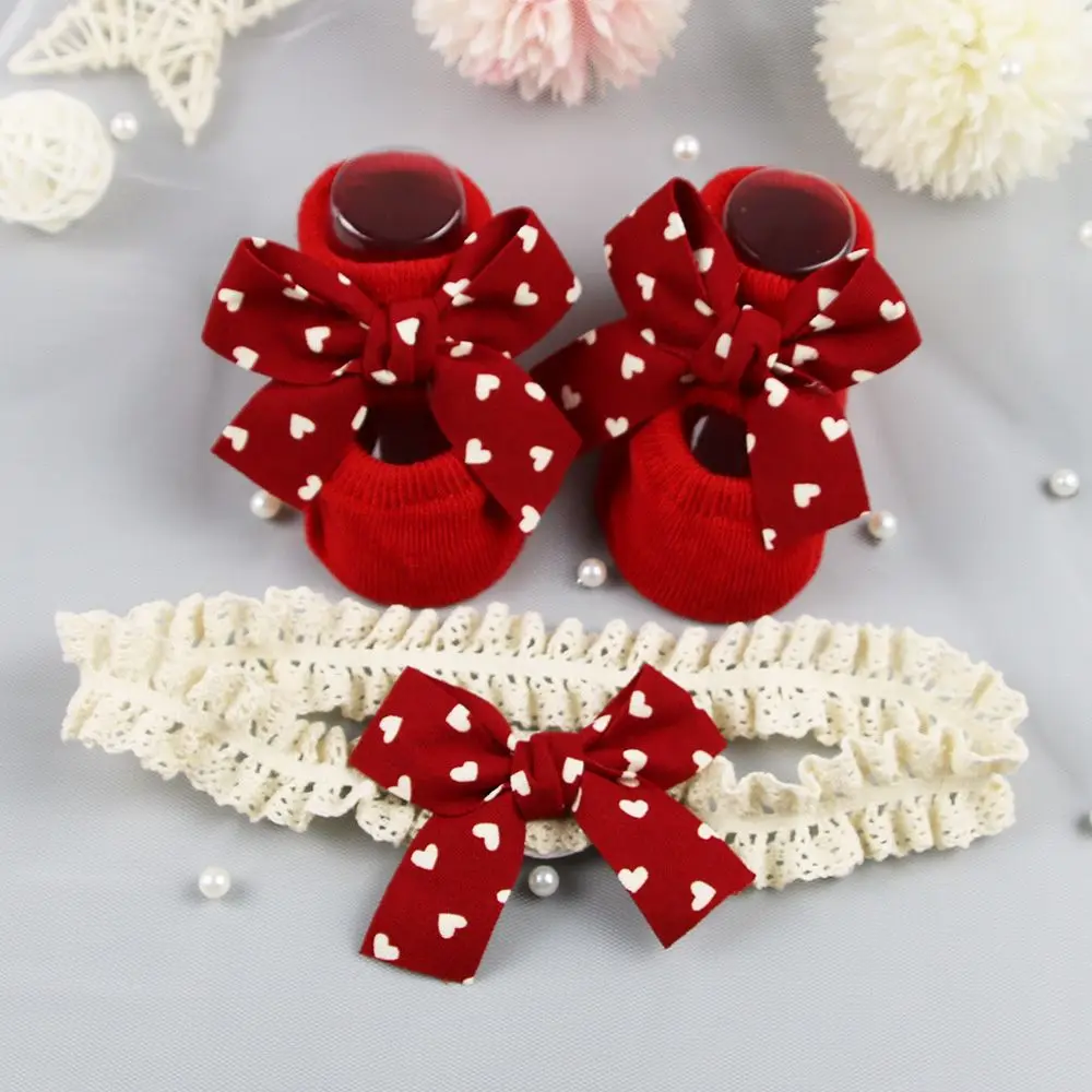 Headband Baby Christmas Gift Red Heart Newborn Baby Girl Socks Toddler Floor Socks Infant Anti Slip Socks Socks Headband Set