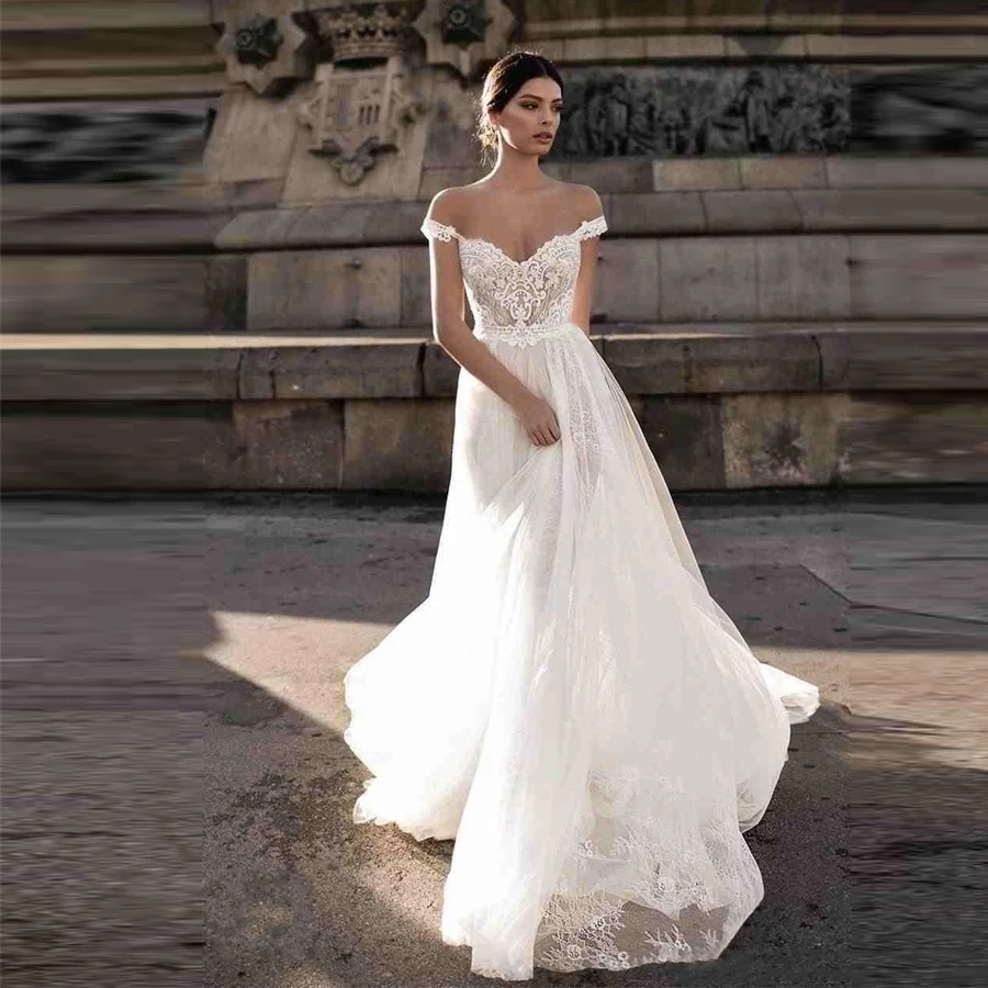 

Robe De Mariee Sexy V-neck Appliques Lace Boho Wedding Dresses A-line casamento Tulle Backless Court Train Bride Dress