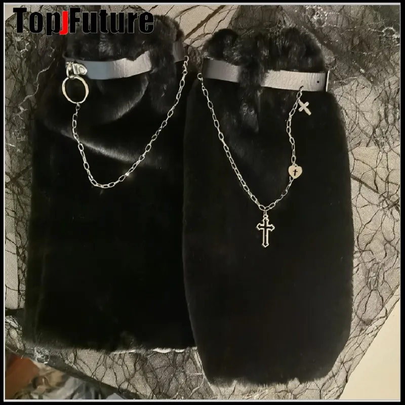 Harajuku Punk Zwarte Pluche Cross Chain Been Warme Sokken Vrouwen Winter Warmer Voet Cover Streetwear Beenwarmers