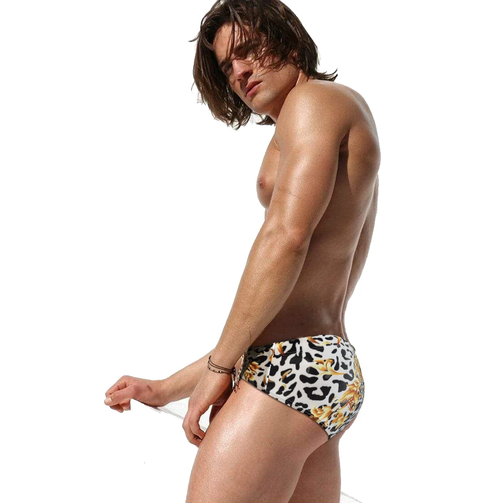 

Sexy Mens Swimwear Nylon Quick Dry Leopard Swimming Briefs Gay Low Waist Bathing Swimsuit Fashion Pouch Pad Beach Surfing Trunks