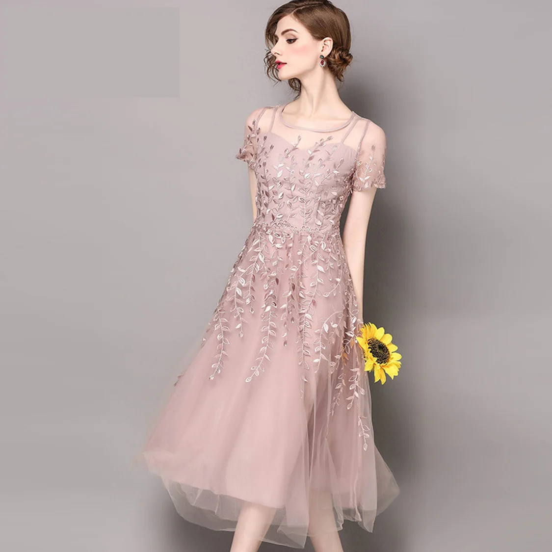 Vestido de fiesta con estampado Floral hasta la rodilla para mujer, vestidos de fiesta con cuello redondo, encaje bordado, temperamento de Organza, elegante, Formal, para graduación