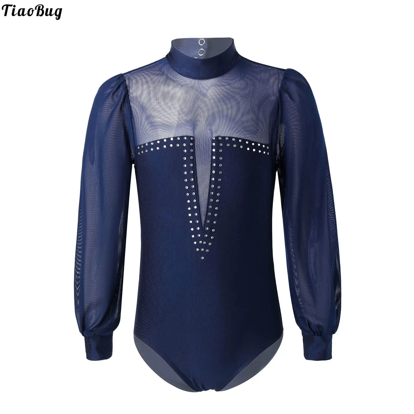 Tiaobug Meisjes Ronde Stand Hals Met Druk Op Knop Mesh Lange Mouwen Glinsterende Kristallen Dans Schaatsen Jumpsuit Turnpakje Bodysuit