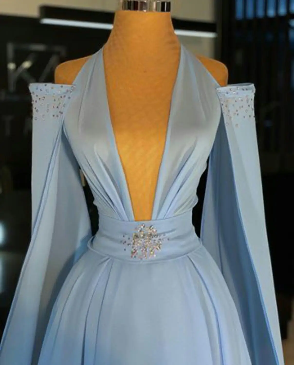 Elegant Sky Blue Evening Dresses Deep V Neck Long Sleeve Prom Dress Chiffon Floor Length Party Formal A Line Gowns Robes