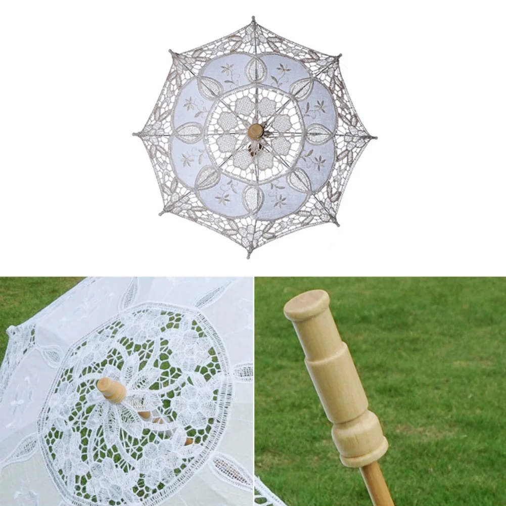 Sun Umbrella Cotton Embroidery Bridal Umbrella White Ivory Battenburg Lace Parasol Umbrella Decorative Umbrella for Wedding