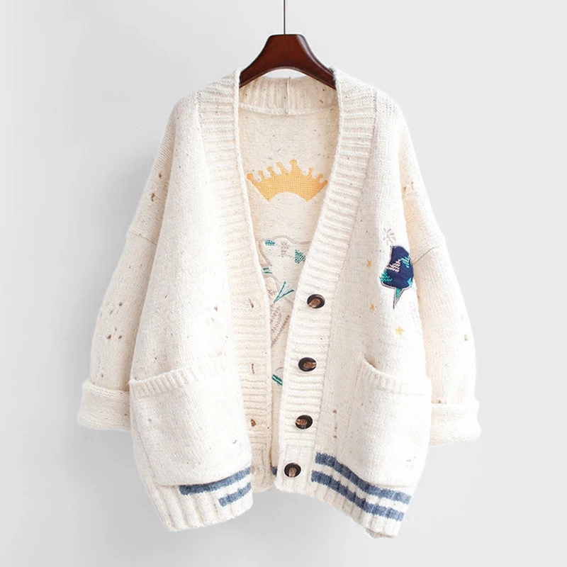 Elegant knitwear Women Cardigan Sweater spring autumn Knit Cardigan Cartoon Embroidery Oversize Sweater Coat outwear