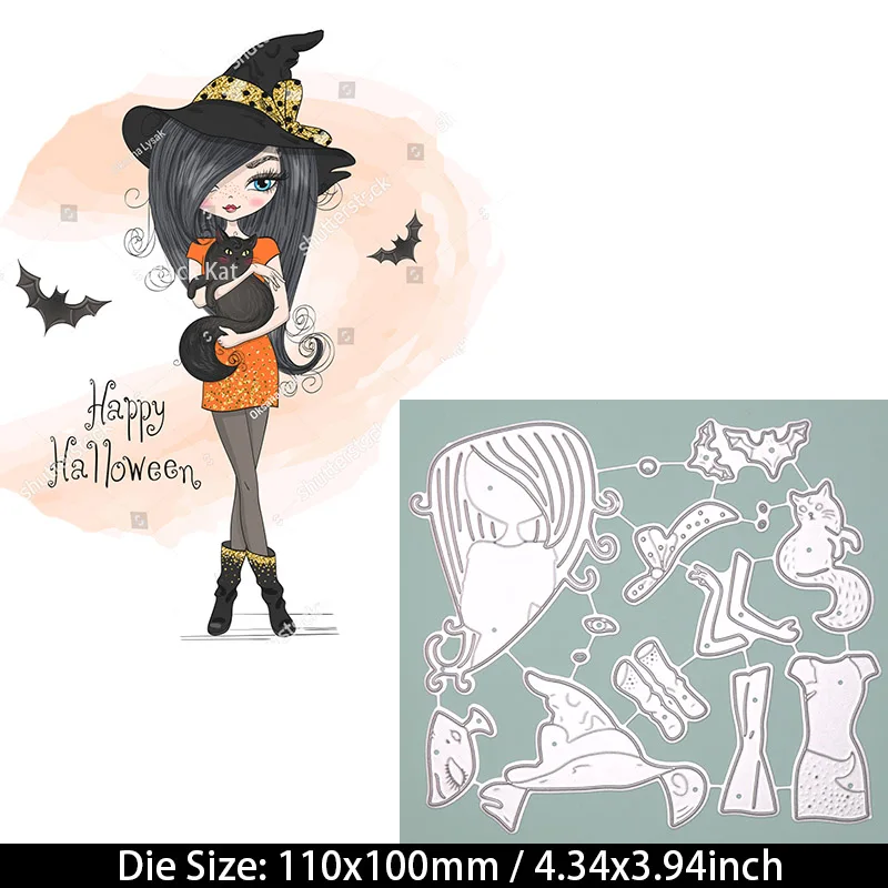 Fashion Magic Cat Bat Witch Girl Cutting Dies Halloween Women Lady Doll Metal Stencil For DIY Scrapbooking Card Craft