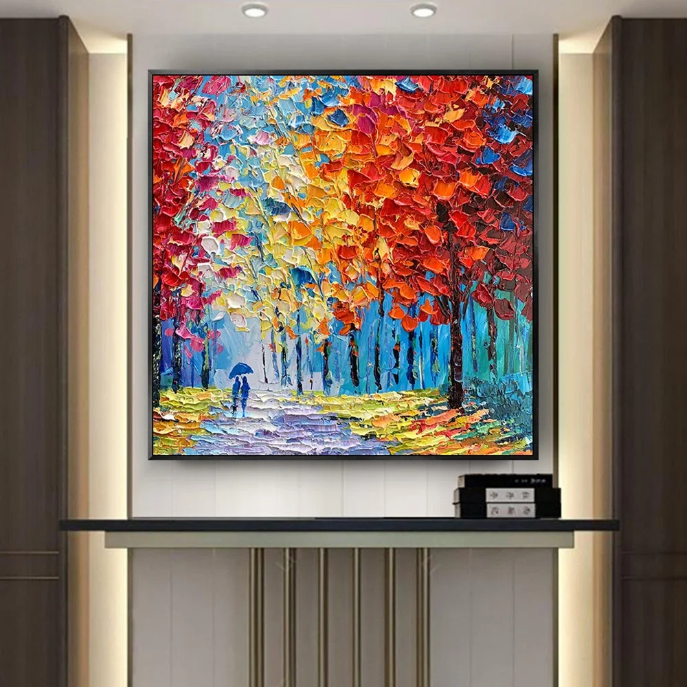 100% Hand Painted Oil Paintings Scenery Of The Tree-lined Road In Autumn Canvas Painting Red Leaves Hang Picture Modern Wall Art