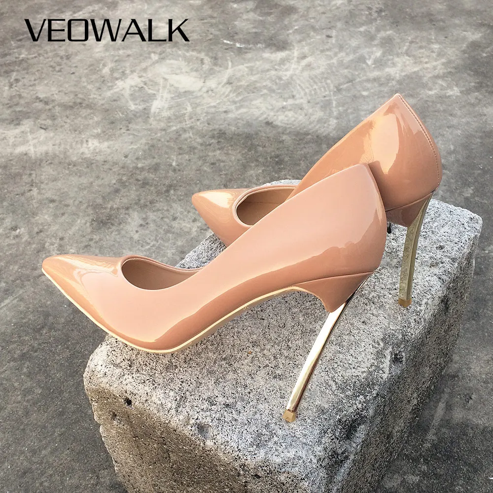 Veowalk Women Shoes High Heels Women Pumps Stiletto 10CM Heels Sexy Woman High Heels Patent Leather Pointed Toe Wedding Shoes