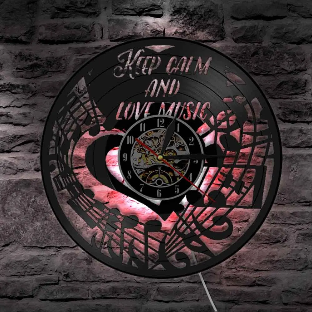 Keep Calm and Love Music Vinyl Record Wall Clock Music Notes Treble Bass Clef Stave Wall Light Music Studio Wall Art Decoration