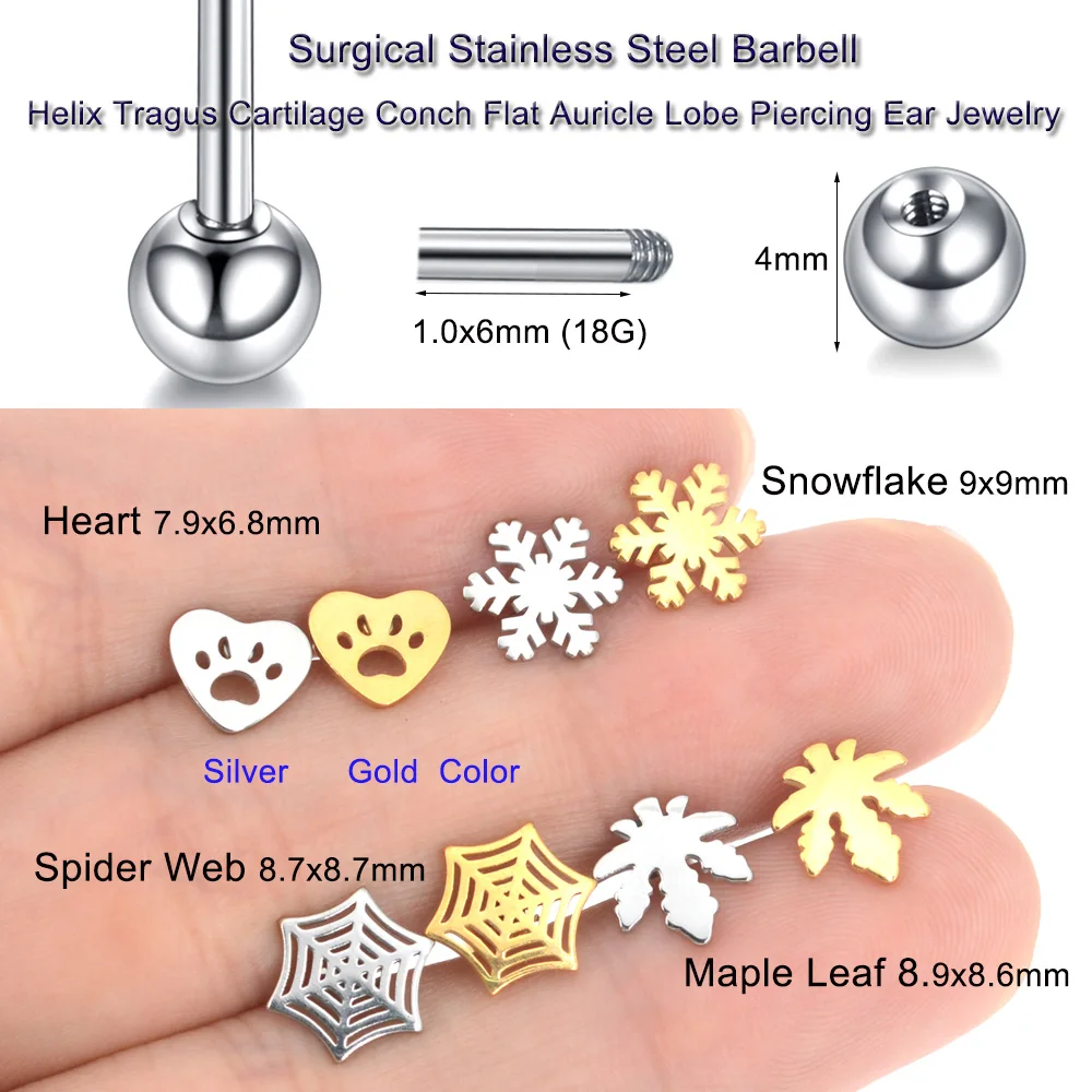 2Pcs หัวใจเกล็ดหิมะ Spider Web Helix Conch Piercing Studs ต่างหู Barbell เหล็กผ่าตัด Tragus กระดูกอ่อนเจาะหูเครื่องประดับ