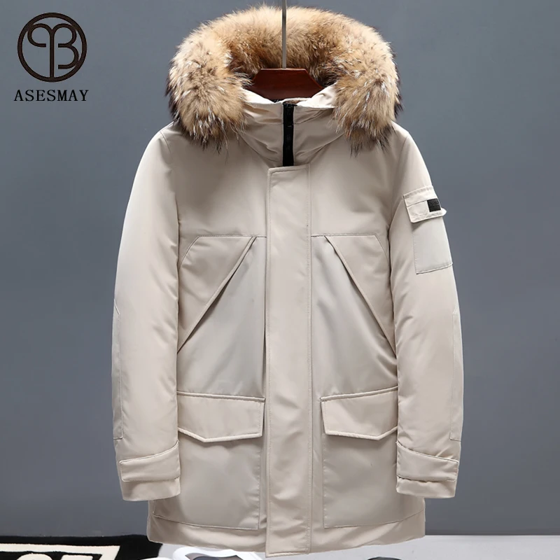 Asesmay Brand Clothing Men Down Jacket Real Fur Hooded Long Winter Coats Male Parka New Tracksuit Joggers Luxury Lovers Outwear