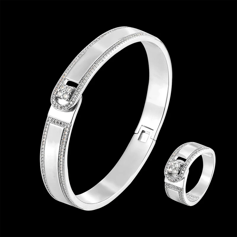 LanRuisha Simple bangle and ring women jewelry set with smooth middle and zirconium micro inlay classic accessories on both side