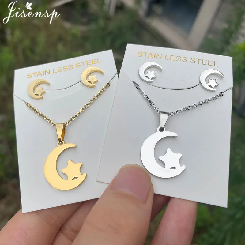 Stainless Steel Crescent Moon Star Necklace Earrings for Women Bijoux Simple Statement Necklaces Collier Fashion Jewelry Set